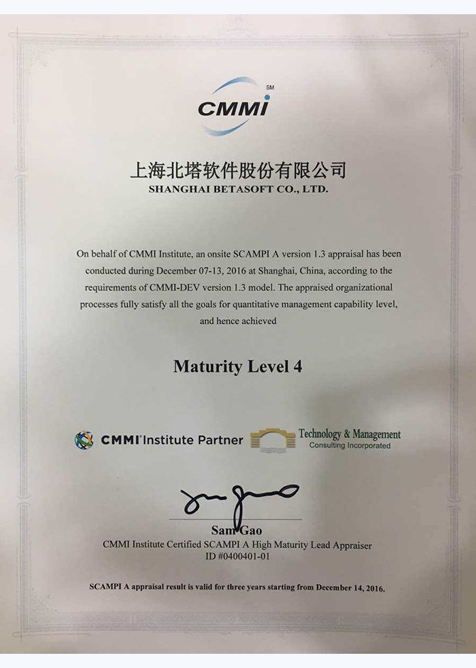 CMMI能力成熟度模型集成认证证书样本1